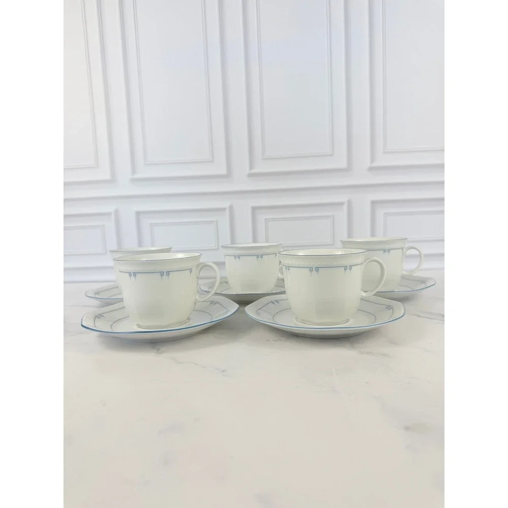 Schirnding Bavaria MCM Blue Greek Key Set of 6 Teacups & 5 Saucers